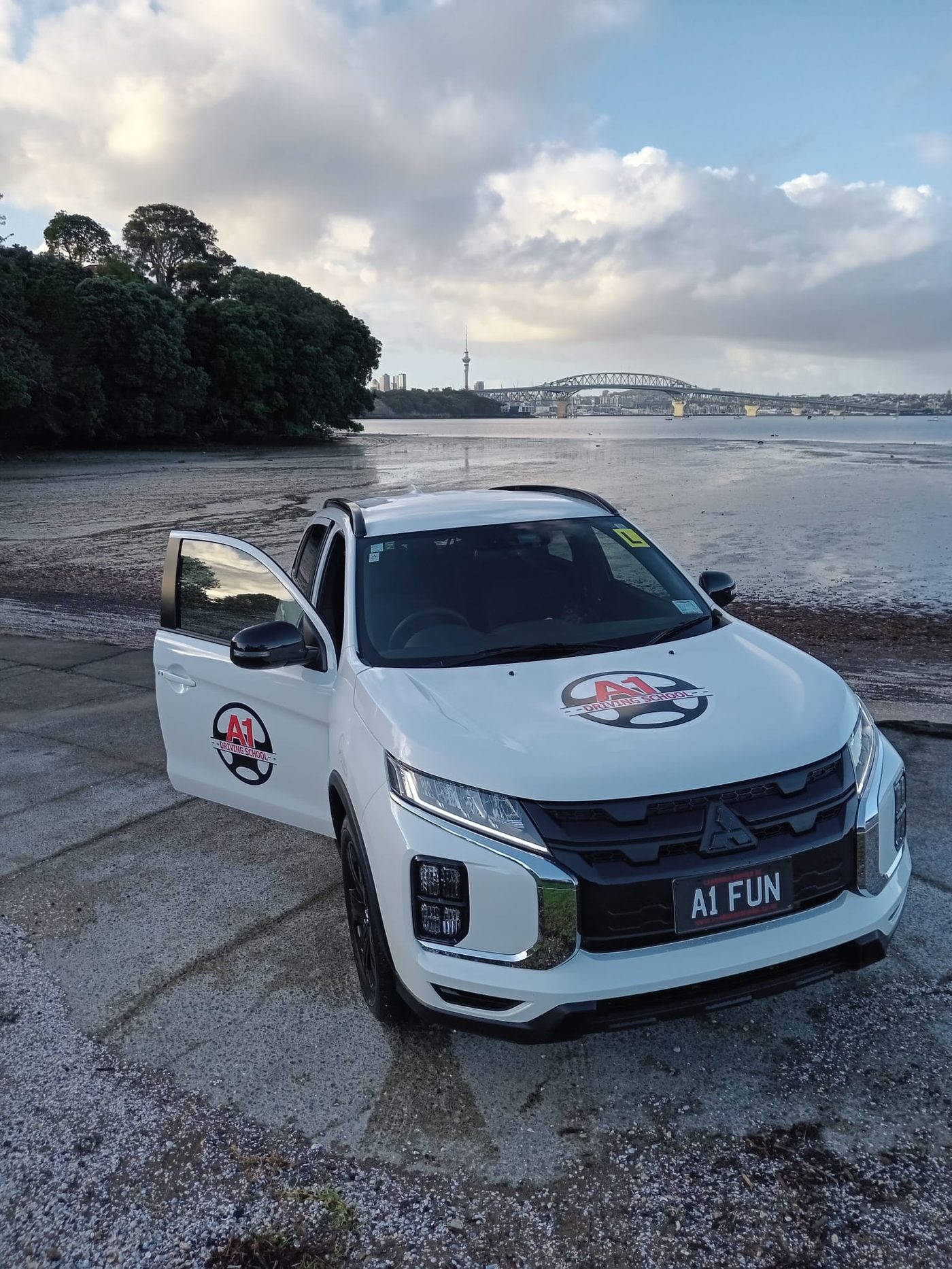 View from the back seat of a lesson in progress: a learner driving in Auckland with her A1 instructor beside her